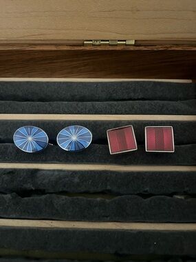 Men's Blue and Pink Enamel Cufflinks Set - Classic Geometric Designs.